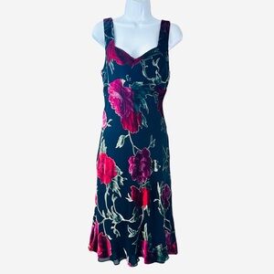 Vintage 90s Y2K Silk Velvet Burnout Rose Midi Dress 8 Whimsigoth Fairycore